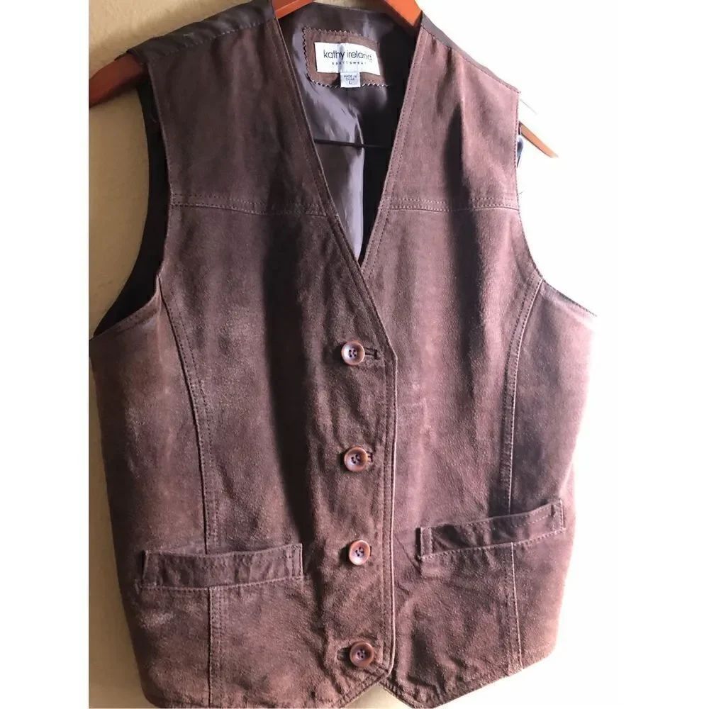 Vintage Kathy Ireland Sportswear Leather Suede Front Pockets Vest Size L